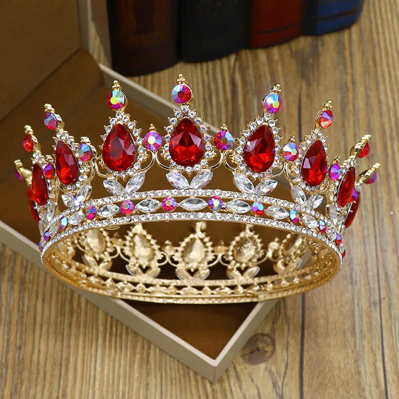 
NeeFu WoFu Glorious Simulated Red Ruby Crystal Pageant Full Circle Crowns Bridal Gold Tiaras Multicolor rhinestone Crown 
