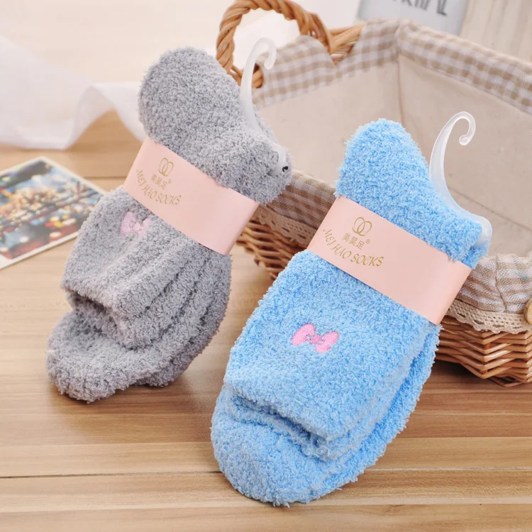 

Winter Warm Sleep Socks Women Bow Socks Embroidery Custom Sock, 12 colors as photo