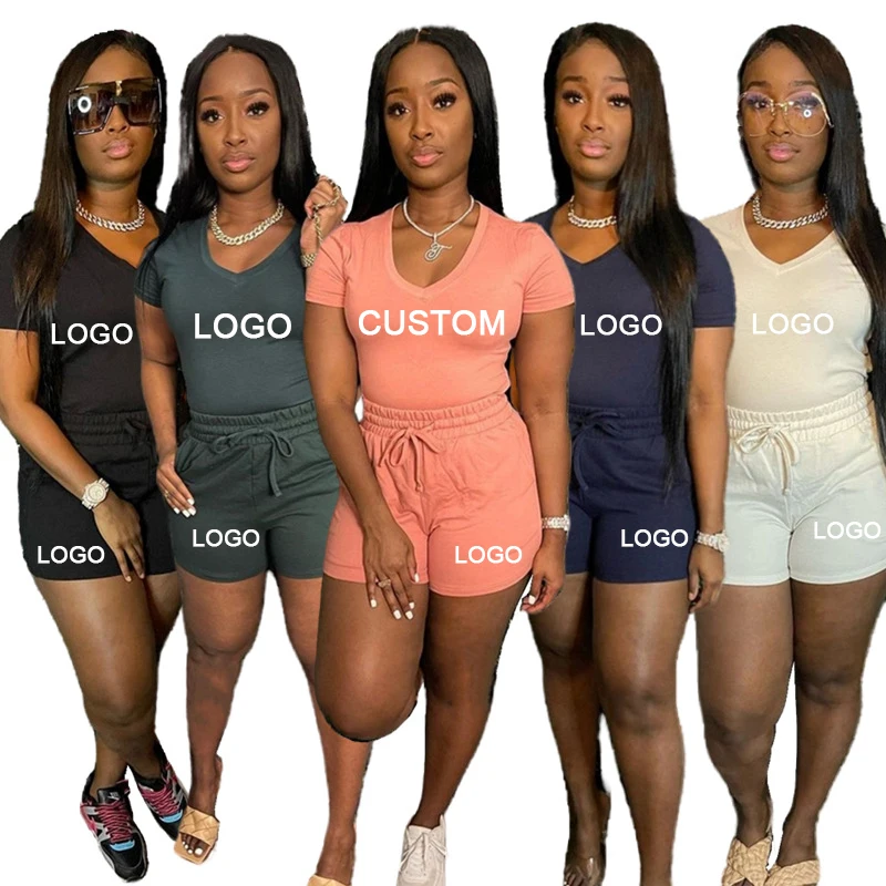 

Custom Tracksuit Summer Outfits 2 Piece Short Sleeve Casual Suit V-Neck Skinny T-Shirt Women Custom Two Piece Short Set, Customized color