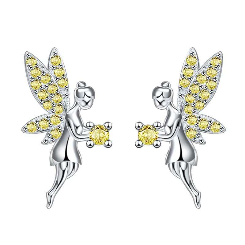 

925 Sterling Silver Cute Elven Girl with Wings Earrings Yellow Zircon Stud Earrings