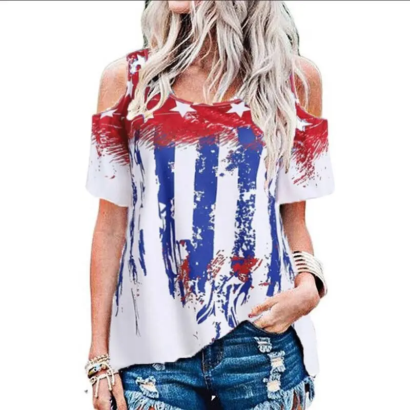 

5XL Women's t-shirts 2021 off shoulder Short Sleeve oversized blouse custom t shirt America Flag woman tops fashion, As picture