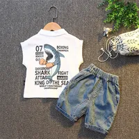 

wholesale 2020 casual summer boys clothing new cotton short sleeve tshirt + Denim shorts 2pcs kids clothes set