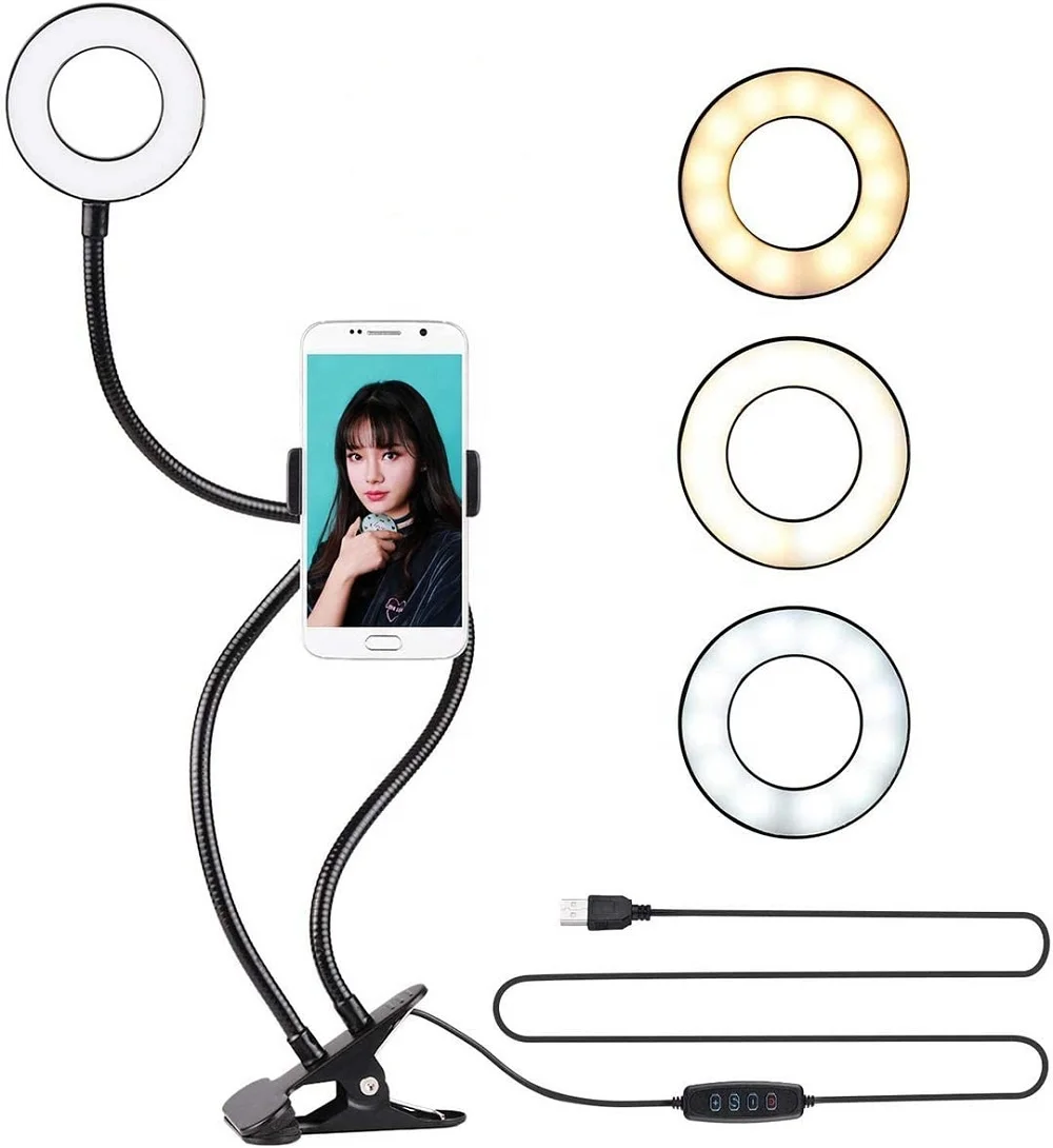 

Selfie Light with Cell Phone Holder Clip LED Ring Light with Flexible Arms for YouTube Live Stream Makeup 3 Lighting Modes, Black,white