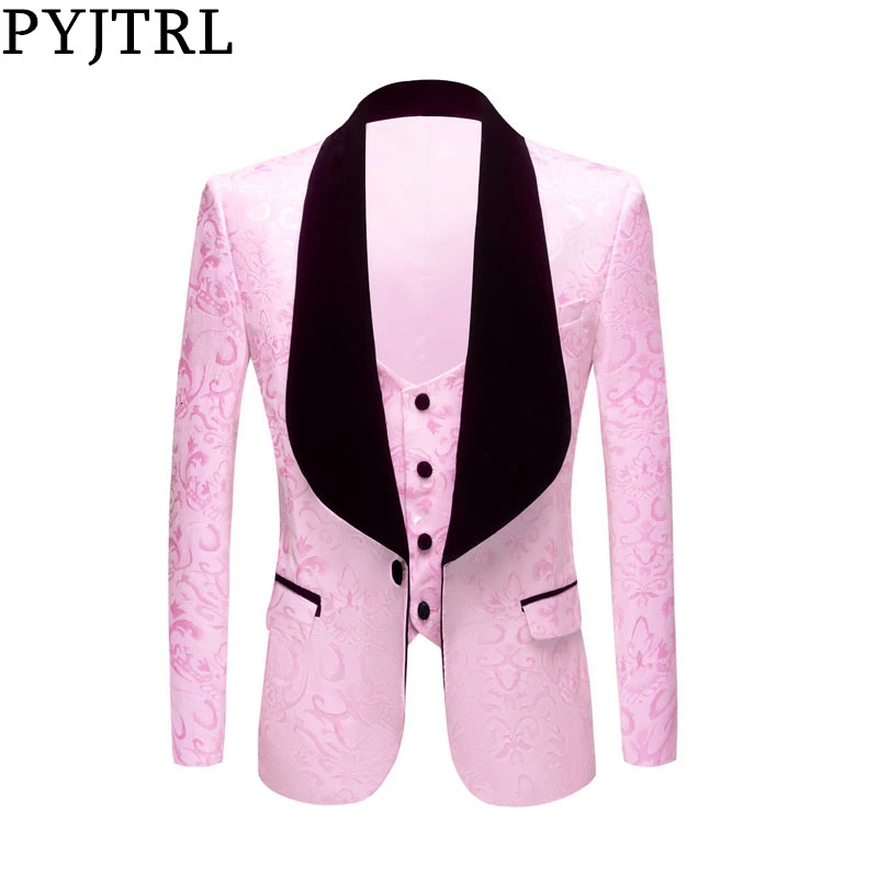 

PYJTRL Men Classic Shawl Lapel 2 Pieces Wedding Groom Jacquard Tuxedo Pink Yellow Black Red Pure White Slim Fit Jacket And Vest
