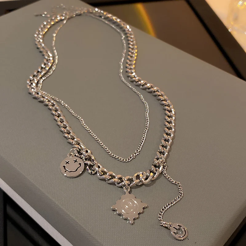 

fashion smile face pendant double chain necklace
