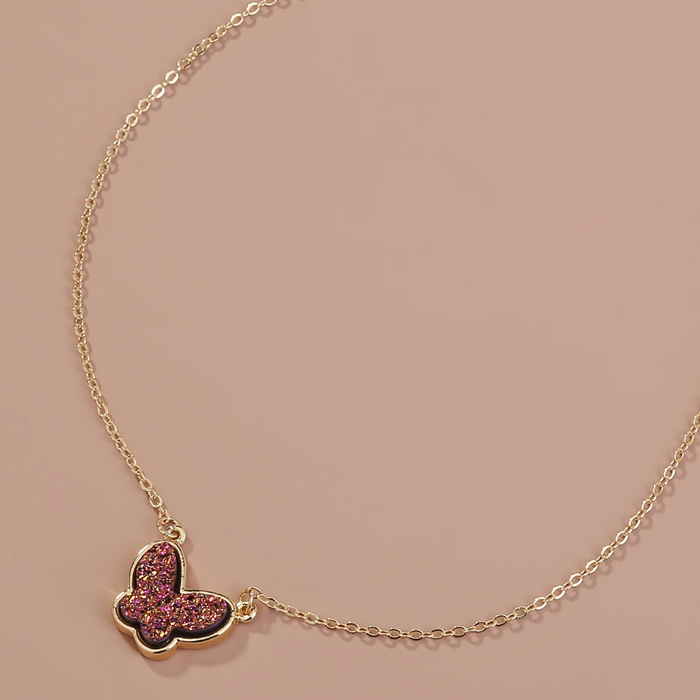 

Fashion 6 Colors Luxury Drusy Quartz Resin Pendant 18K Gold Plated Choker Charm Butterfly Necklace Jewelry Woman