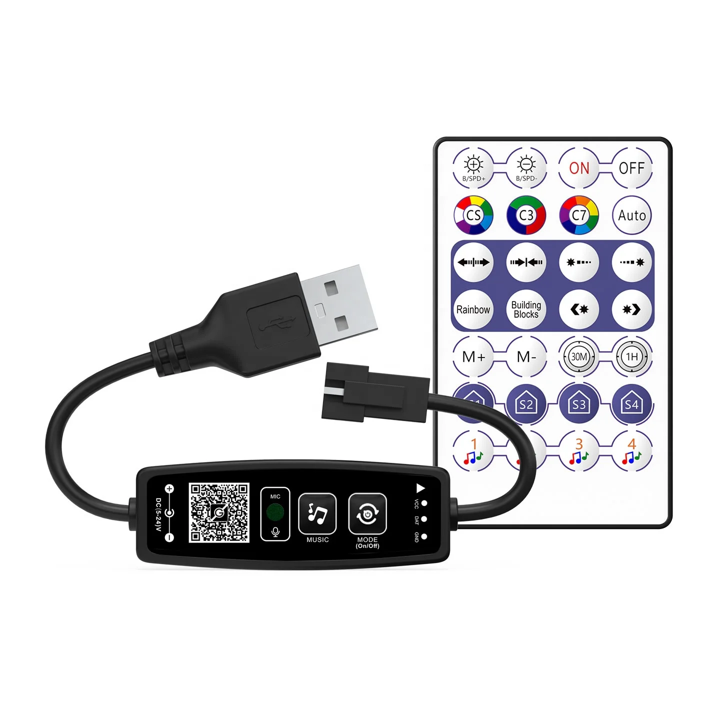 

Blue tooth Mic USB Control WS2812B RGBIC Addressable LED Controller with 28keys Remote DC 5V 3Pin Dream Color Pixel Strip Lights