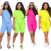 Running Women Clothing 2 Piece Sets Short Sleeves Neon Two Pieces Shorts Set Casual 2 Piece Women Outfit