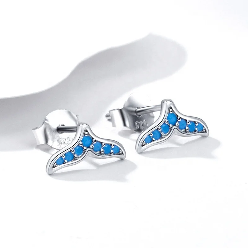 

100% 925 Sterling Silver Blue Zircon Mermaid Fishtail Small Stud Earrings for Women Silver Jewelry