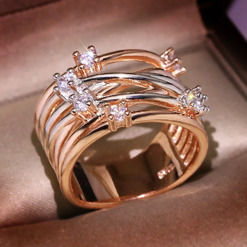 

Double Color Creative White Zircon Multilayer Flower Rings for Women Vintage Rose Gold/Silver Filled CZ Stone Ring Gift