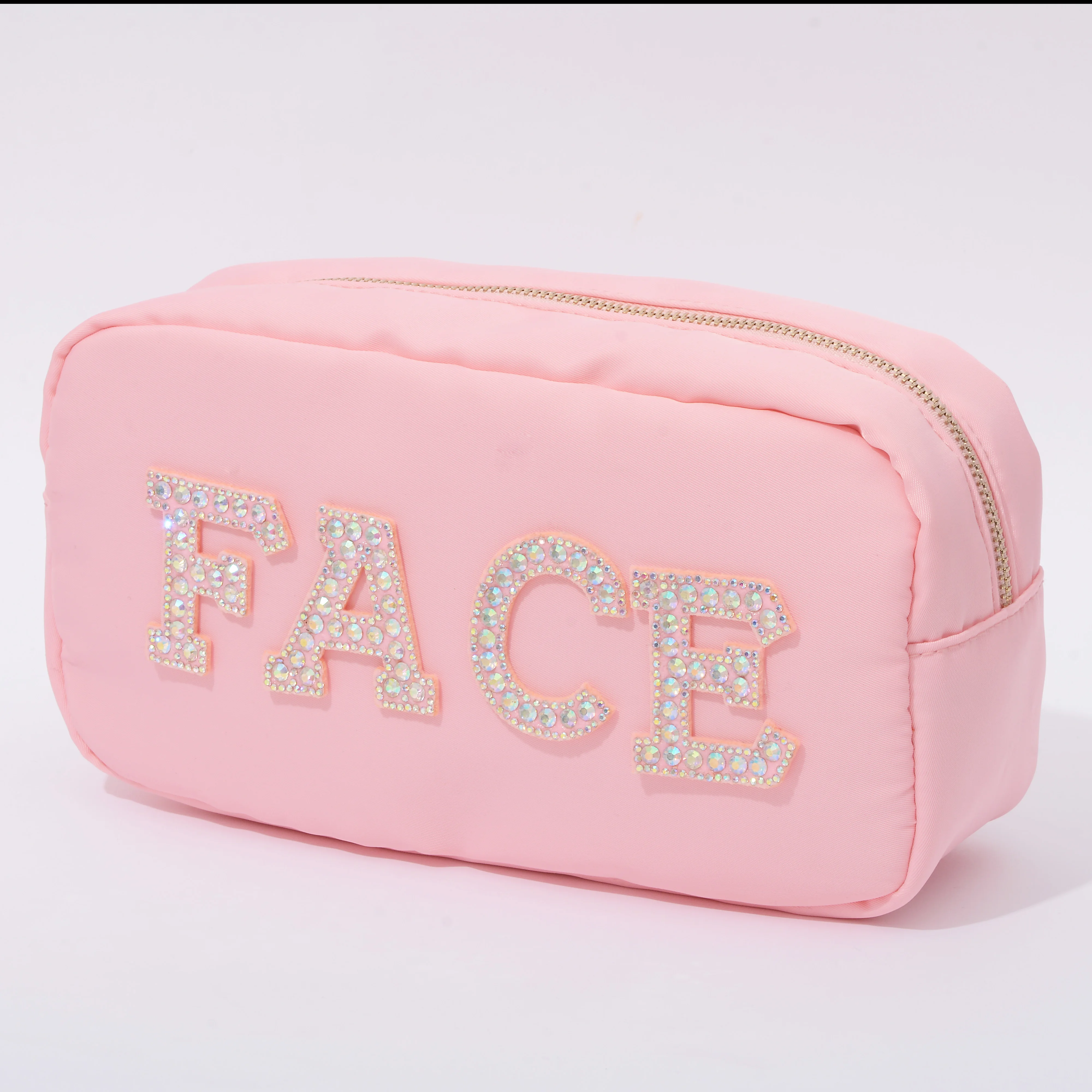 

stock cosmetic bag can be customized with Chenille letter patches makeup pouch nylon wash bag