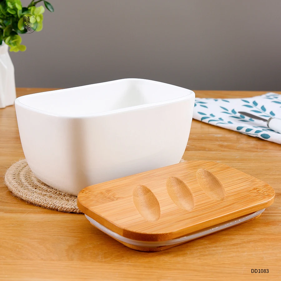

RTS white nordic butter dish wooden airtight cover porcelain butter container dish large butter dish ceramic, White&customized