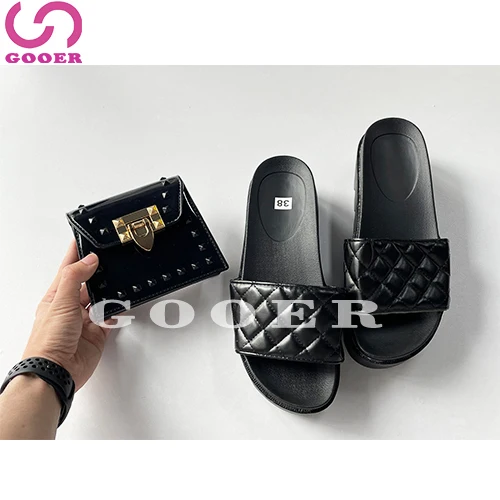 

GOOER 2021 Desiger ladies Black slippers mini rivet bag pu purse and shoe sets two peice set platform slides women sandals, Picture