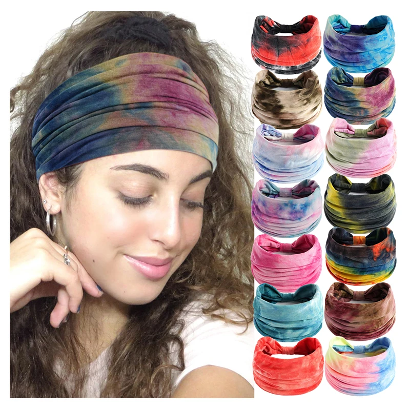African Large Boho Women Head Hair Wraps Band Turban Sport Yoga Twist Knotted Wide Tie Dye Headband for Women
