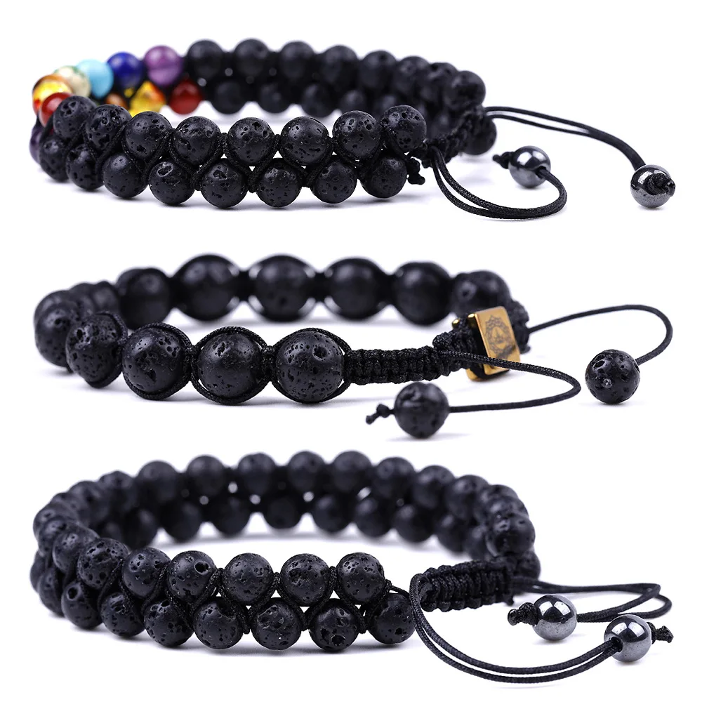 

Rainbow Color Beaded Volcanic Stone Double Layer Weaving Yoga Hand Bracelet