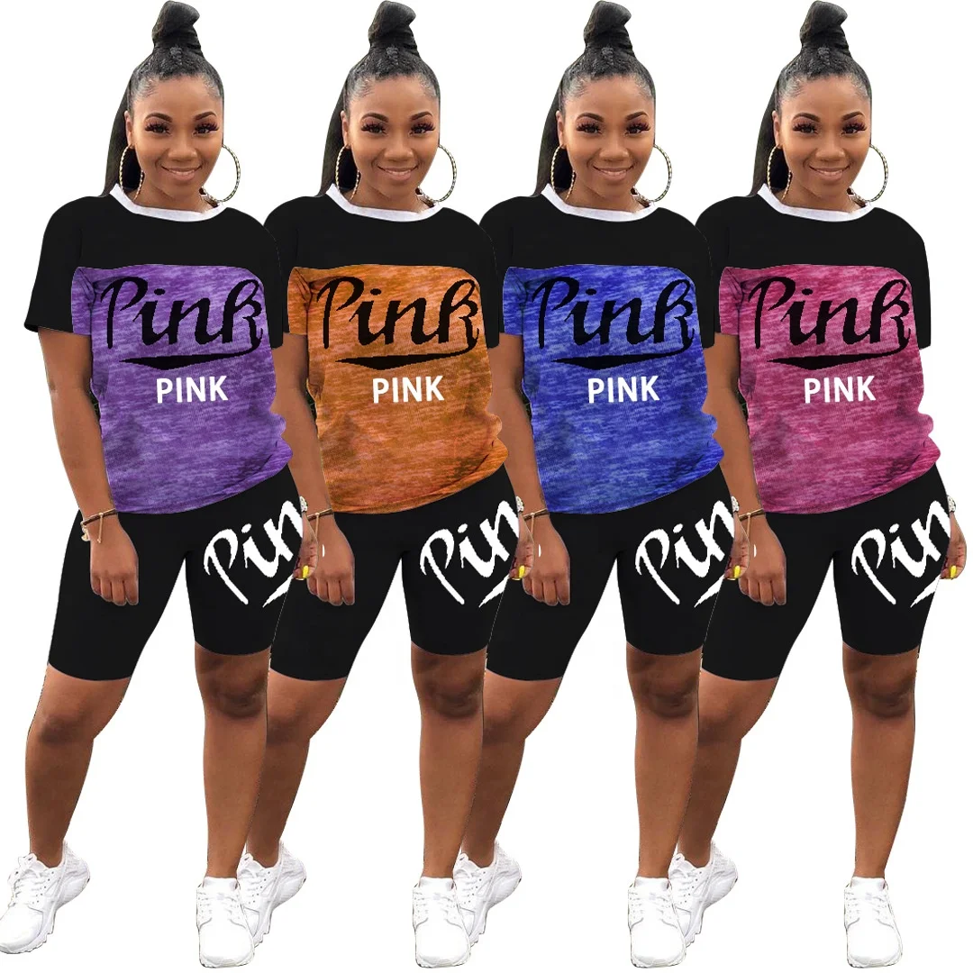 

pink women's summer shorts clothes set 2021 oversized vendor logo sweatshirt 2 piece sets short sleeve shirts jogging sweatsuits