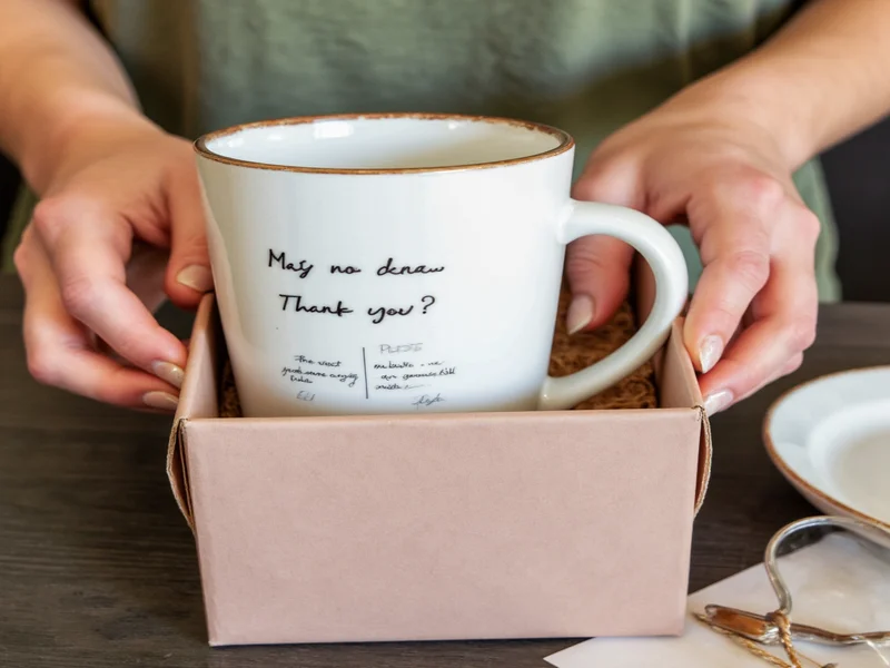 Customer unboxing handmade ceramic mug with handwritten thank you note