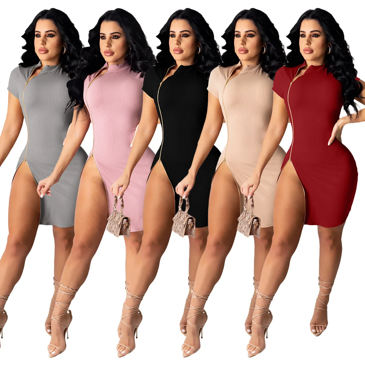 

2021 New Arrival solid color Double-headed zip womens casual dress short sleeve elegant dress slim fit, As picture