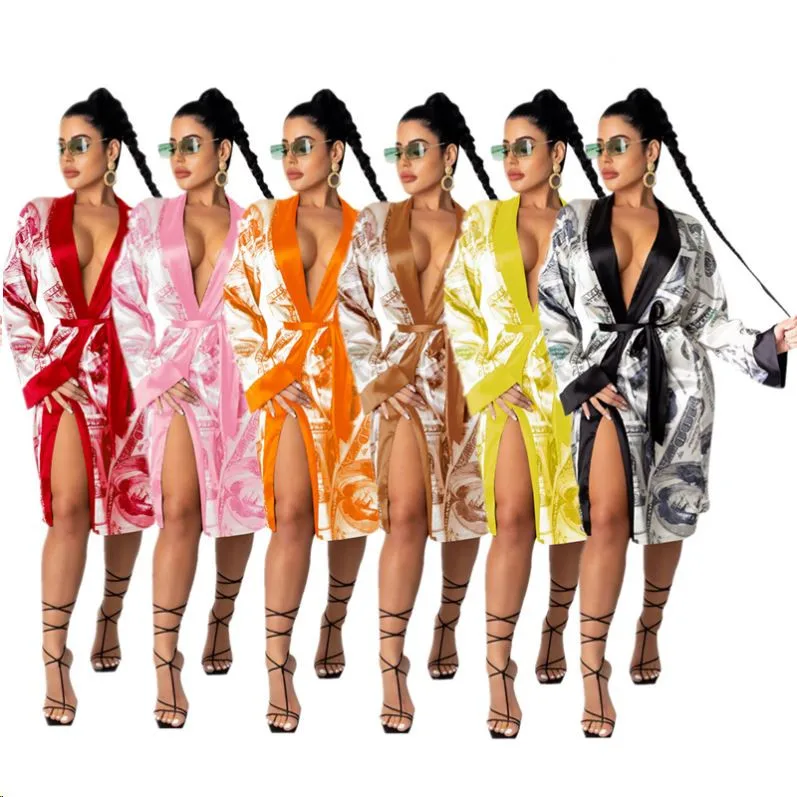 

Women Money Print Silky Robes Long Sleeve Dollars Pattern Kimono Satin Robe Pjs Loungewear Sleepwear, Pink, black, red, orange, brown, purple, wine