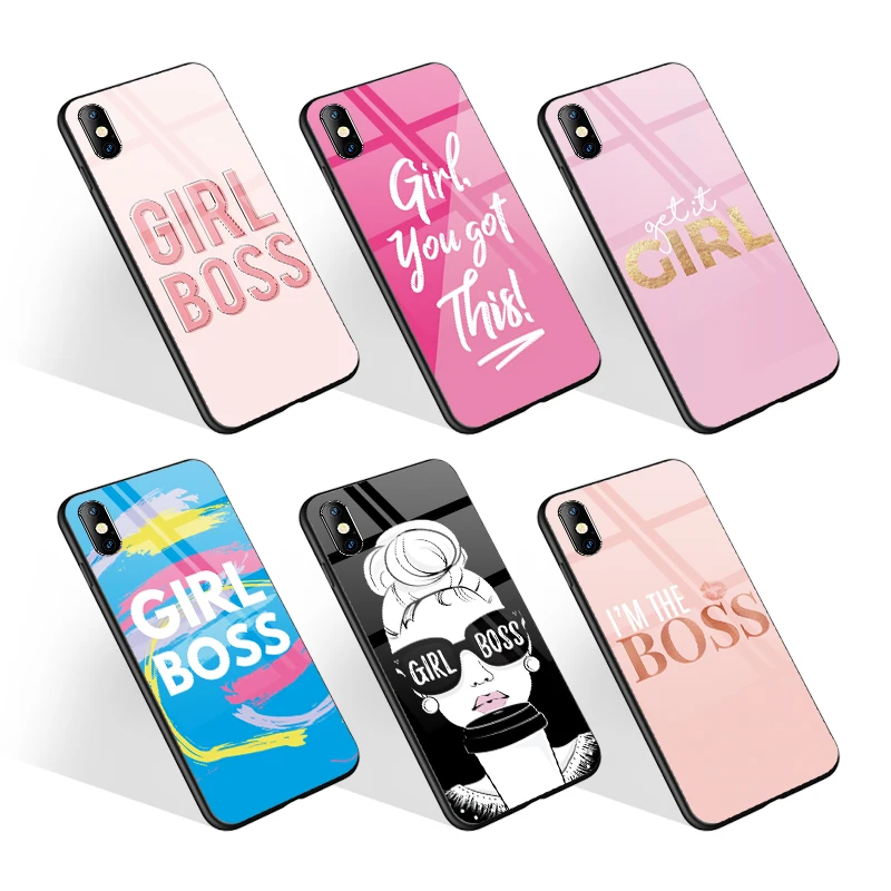 

Luxury Print Tempered Glass Phone Case for iPhone 12 Case XS 7/8 11 SE2020 Cover for Samsung A30 A50 Girl Boss, Black