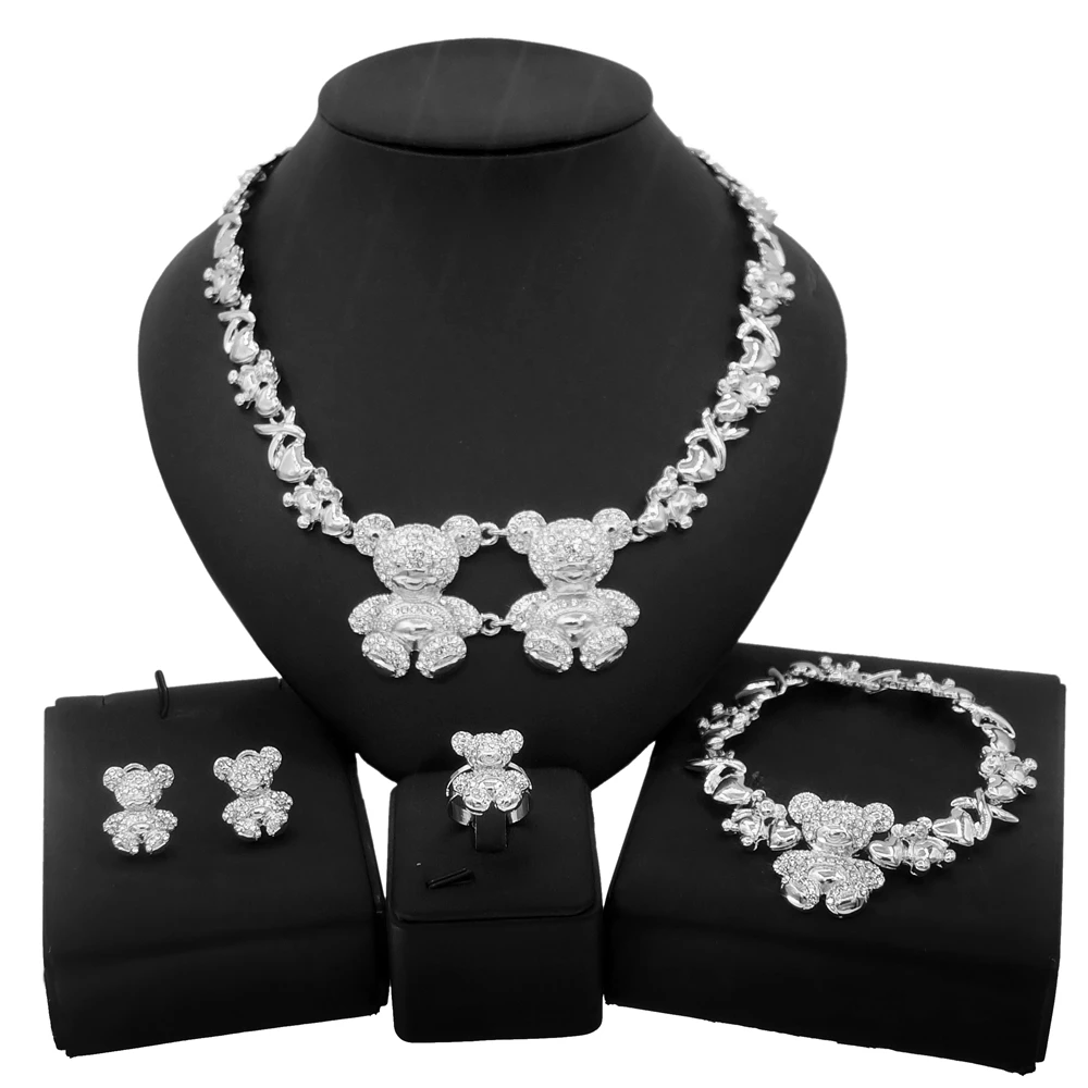 

Yulaili Big Teddy Bear I Love You Xoxo Necklace Set Hug and Kiss Wedding Jewellery Set Women's Plated Silver Jewelry Sets X0156