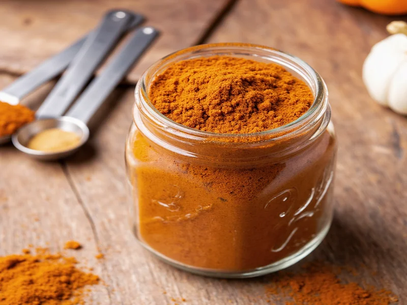 Homemade pumpkin pie spice in mason jar with measuring spoons