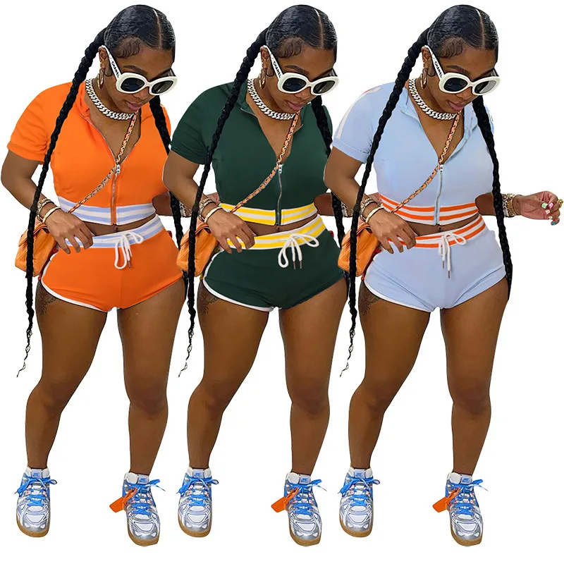 

GX8619 Summer vendors women casual Sets Crop Hooded Top Shorts Sets zipper Tracksuits 2 Piece Shorts set, Picture