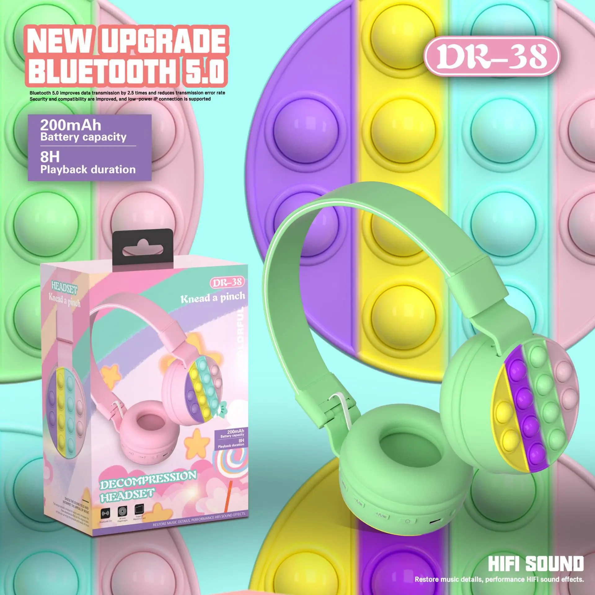 

Hot Selling Wireless Headphones Earphones Push Bubble Fidget Cute Toys Headphone Bt V5.0 Stereo Headset