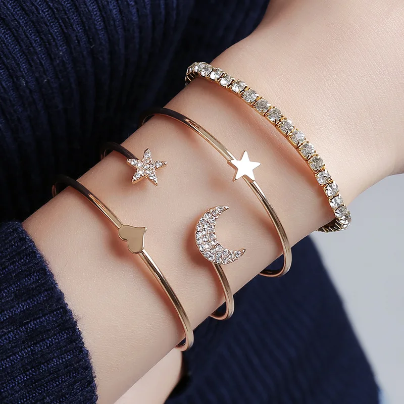 

4 pcs Set Women Fashion Bohemian Open Bangles Star Moon Diamond Glossy Heart Shape Bracelet For ladies, 2 colors