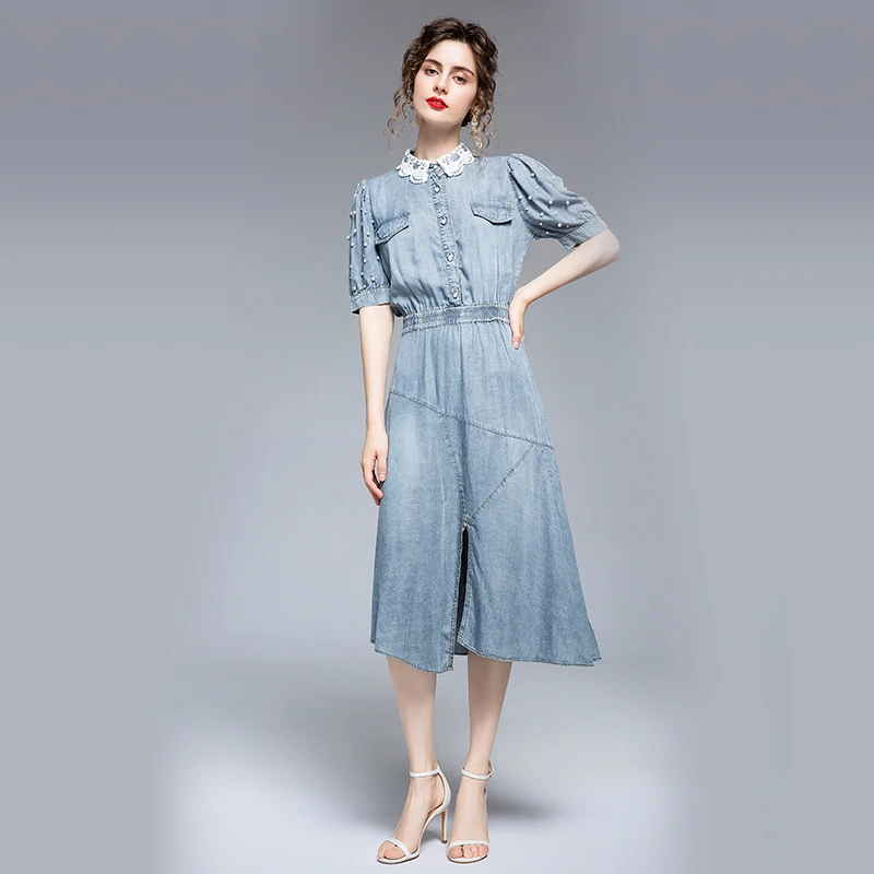 

2021 French Style Young Girl Nail Bead Cover Belly One-piece Womens Long Denim Dress, Light blue