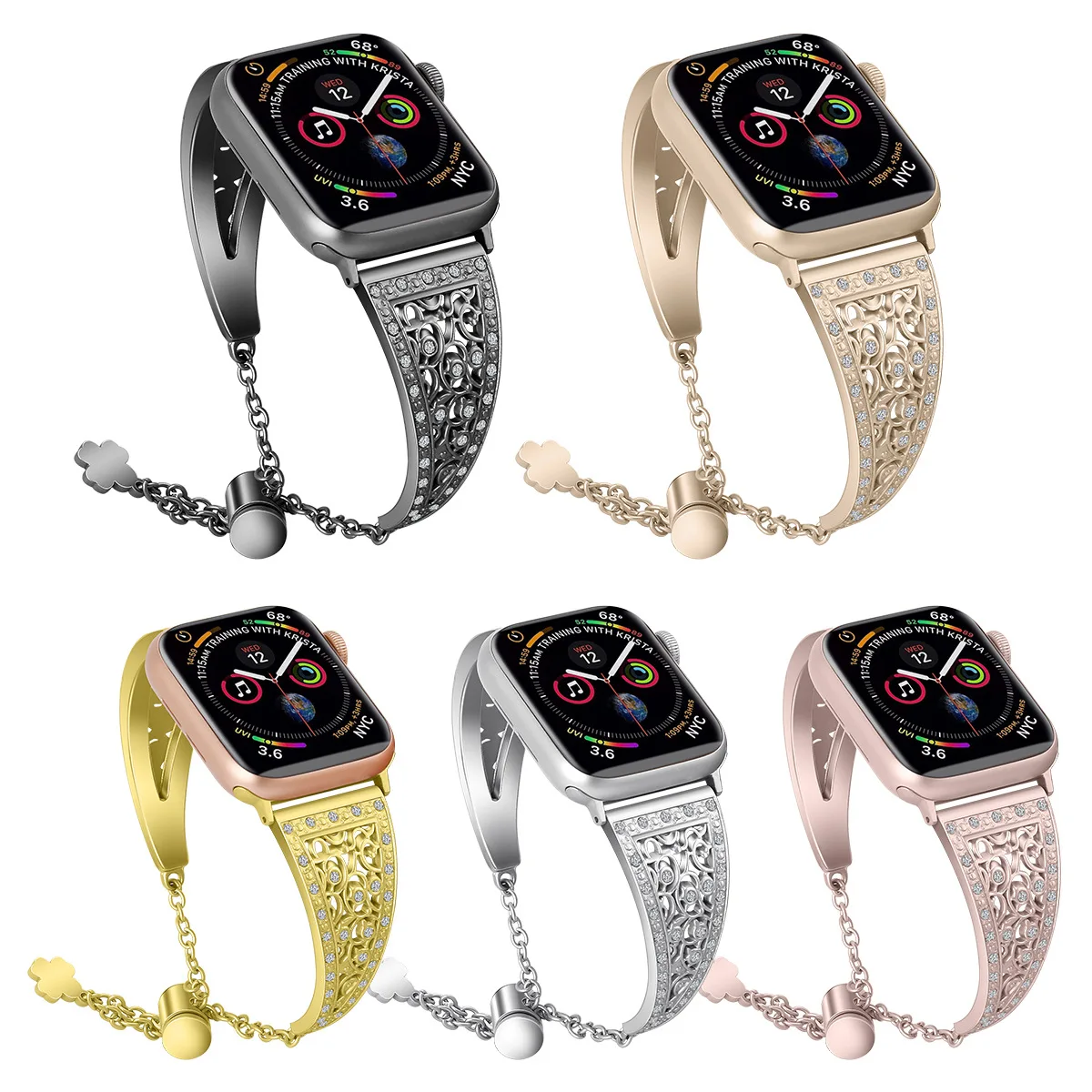 

Luxury Flower Shape Adjustable Chain Smart Watch Metal Band Replacement Strap for Apple Watch Band, Silver/black/rose pink/gold/vintage gold