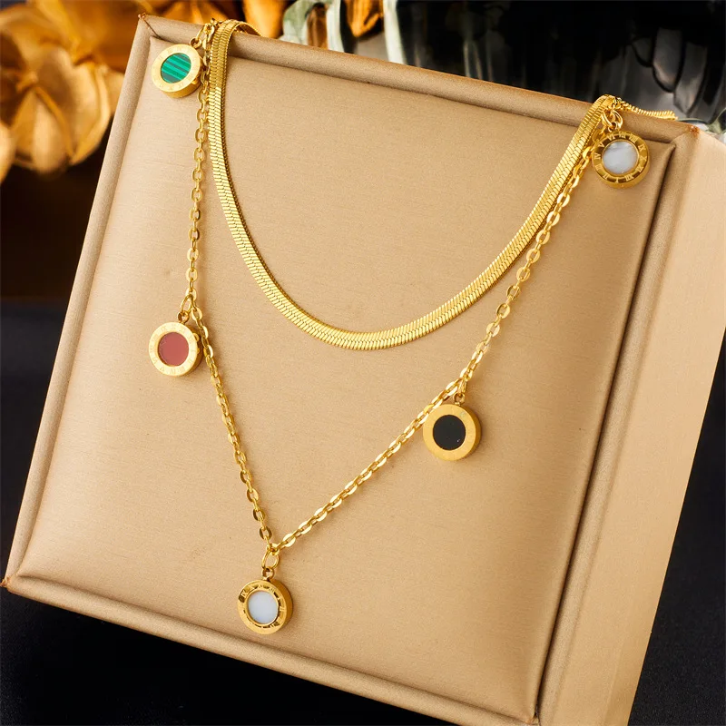 

2023 New 18k Gold Plated Round Roman Numeral Pendant Necklace Double Layer Stainless Steel Necklace Jewelry For Women