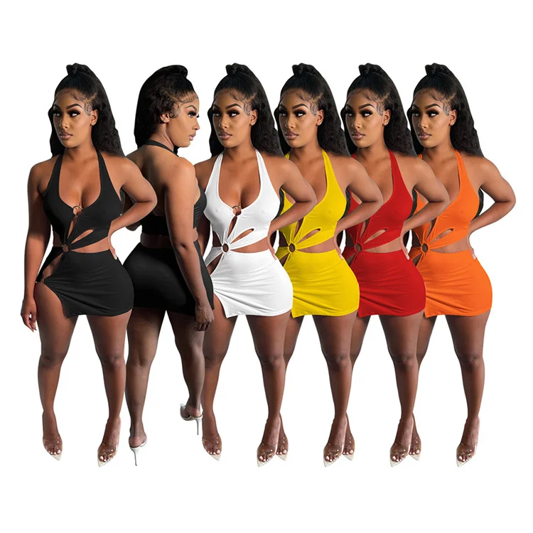 

LW1142 2021 summer casual sexy solid hollowed out vest women clothing dress club women's short dresses