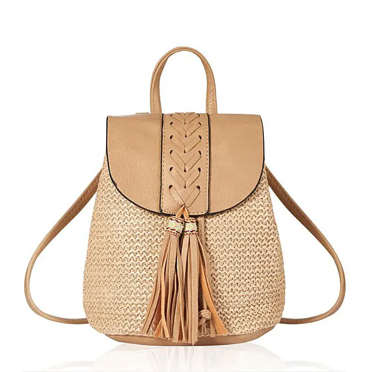 

Hot Selling Straw Leather Bag Women Small Backpack with Tassel