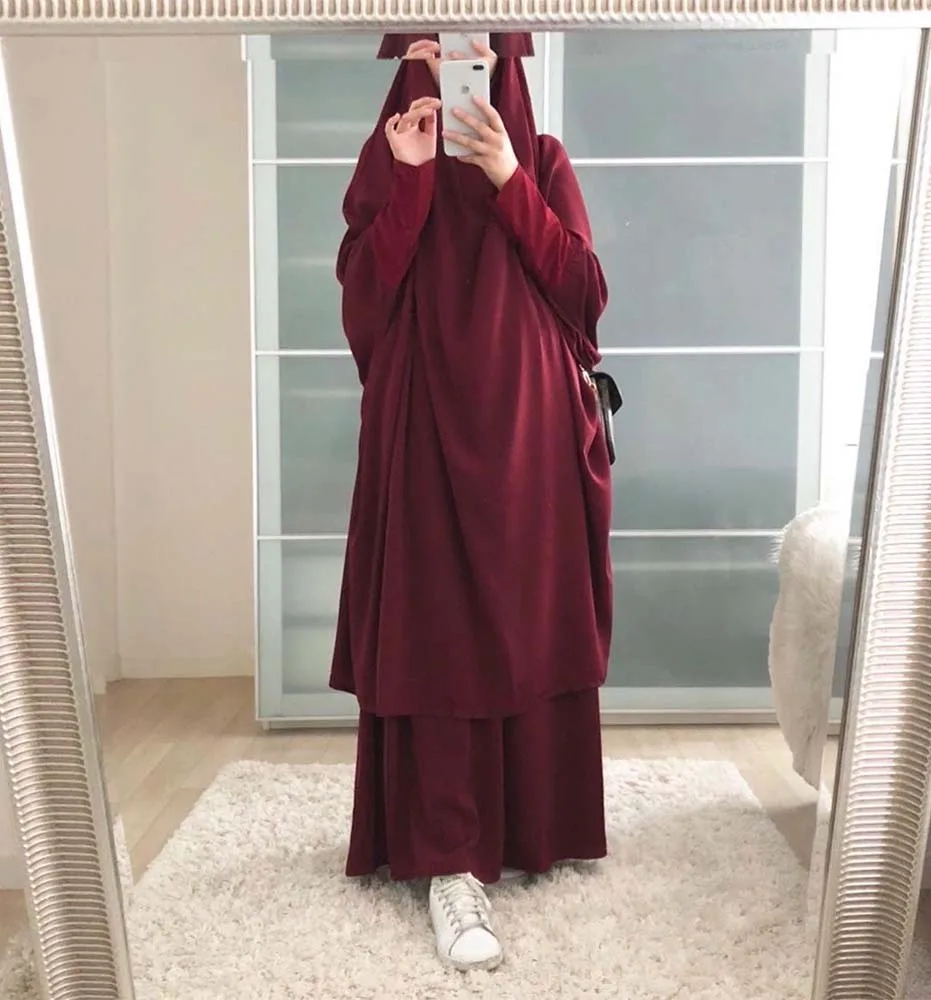 

2 piece women prayer hijab dress dubai muslim dress khimar jilbab overhead abaya islamic clothing, 9 colors