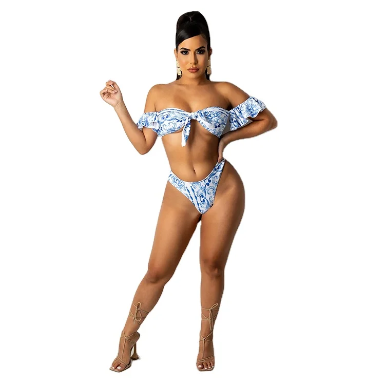 

Retro Bikini Women Split Swimsuit 2 Piece Set Bathing Suit Beachwear Tie Back Print Tummy Control Swimwear, Black blue white red green navy customized color