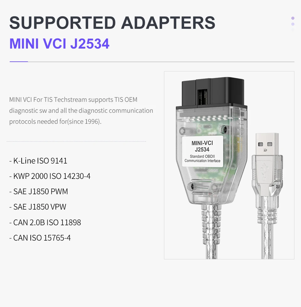 V13.00.022vci interface mini-vci ft232rl chip J2534 diagnostic cable VU 
