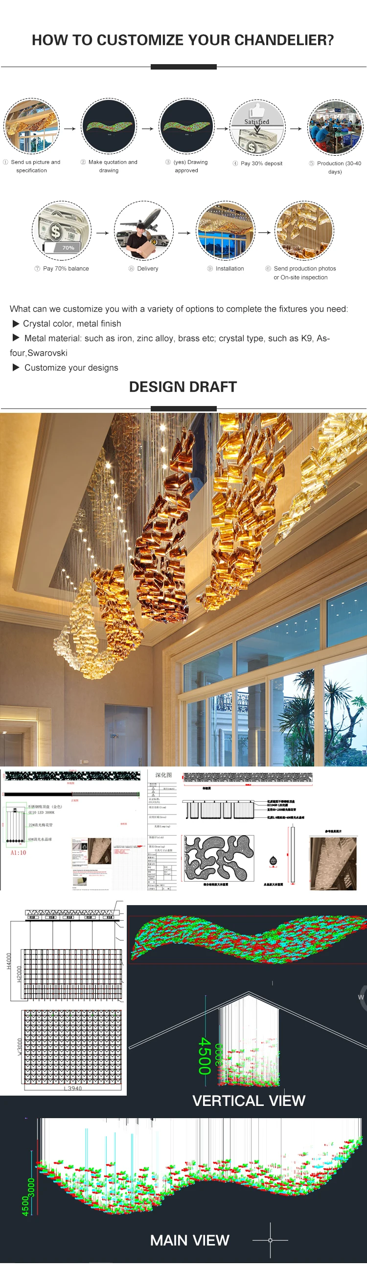 Contemporary hight quality custom luxury crystal big project chandelier pendant lamp