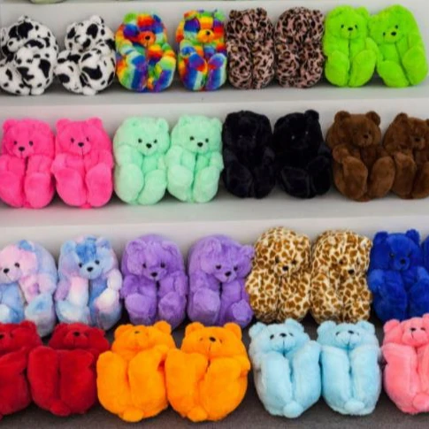 

Women Home Indoor Soft Anti-Slip Faux Fur Cute Winter Warm Shoes Cartoon Plush New Style House Teddy Bear Slippers Size 6Feet