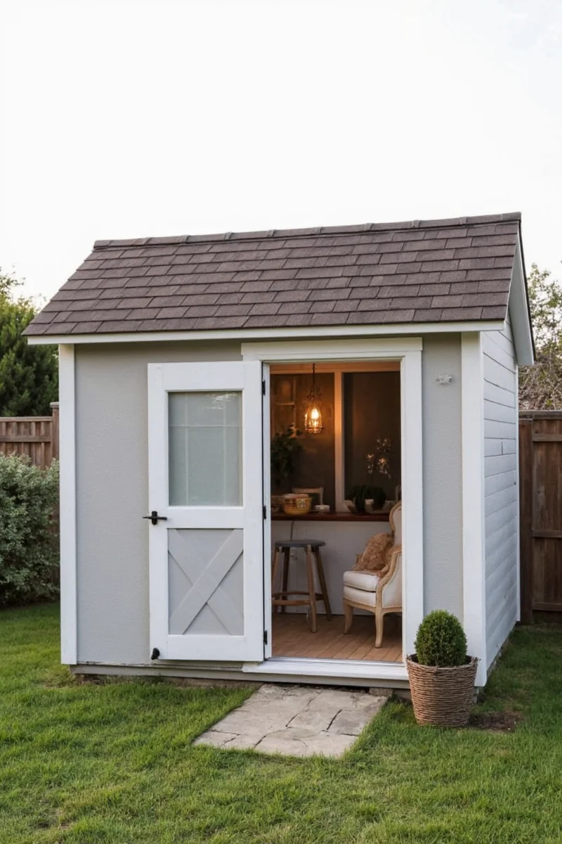 Brightly lit art studio inside a garden shed with easels, shelves, and supplies.