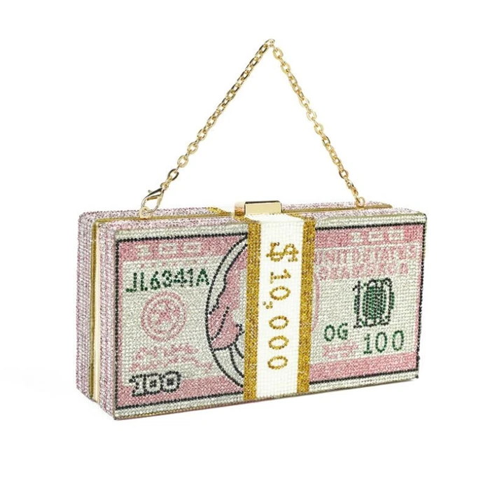 

2021 Luxury fashion trendy USD dollar glitter shiny pink crystal bling rhinestone money clutch bag purse, Silver,red