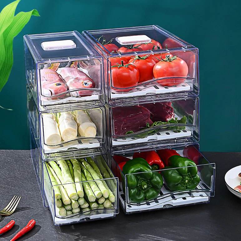 

Kitchen Transparent Plastic Fridge Organizer for Vegetable Food Freezer Drawer Stackable Refrigerator Storage Box Bin