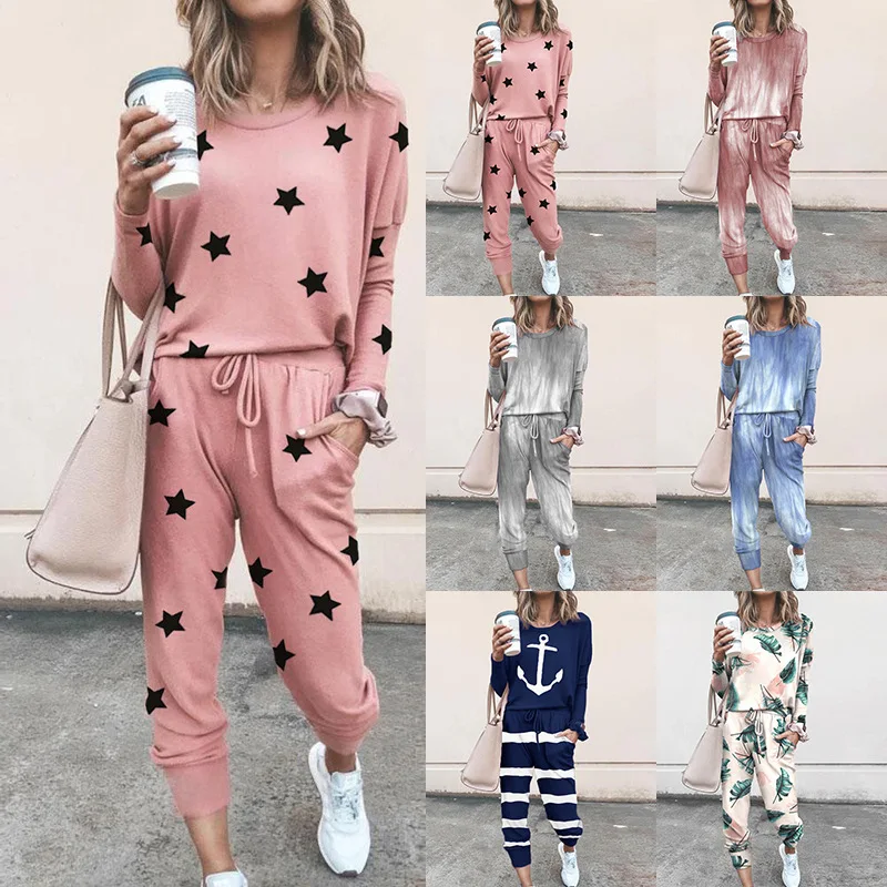 

Spring and summer Turtleneck Casual 2 piece set Women Long Sleeve Front printed casual suit Sport Wear Womens Fitness, Custom choose