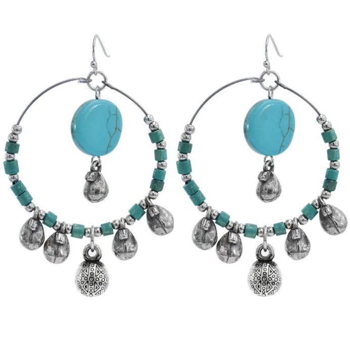 

New Ethnic Bohemian Turquoise Stone Drop Dangles Earrings for Women Vintage Party Statement Jewelry, Silver