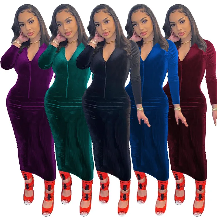 

Ladies Clothes Party Wear Dresses Fall Winter Elegant Long Sleeve Tight Zipper Women Velvet Dress, Picture color