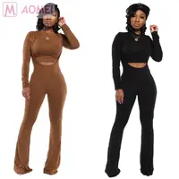 

S2148 new casual fall winter crop tops suspender pants solid Clothing Women Two Piece Sets