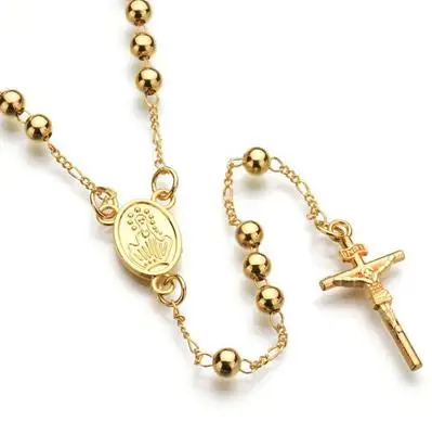 

White Gold Chain Cross Necklace Bead Rosary Necklace