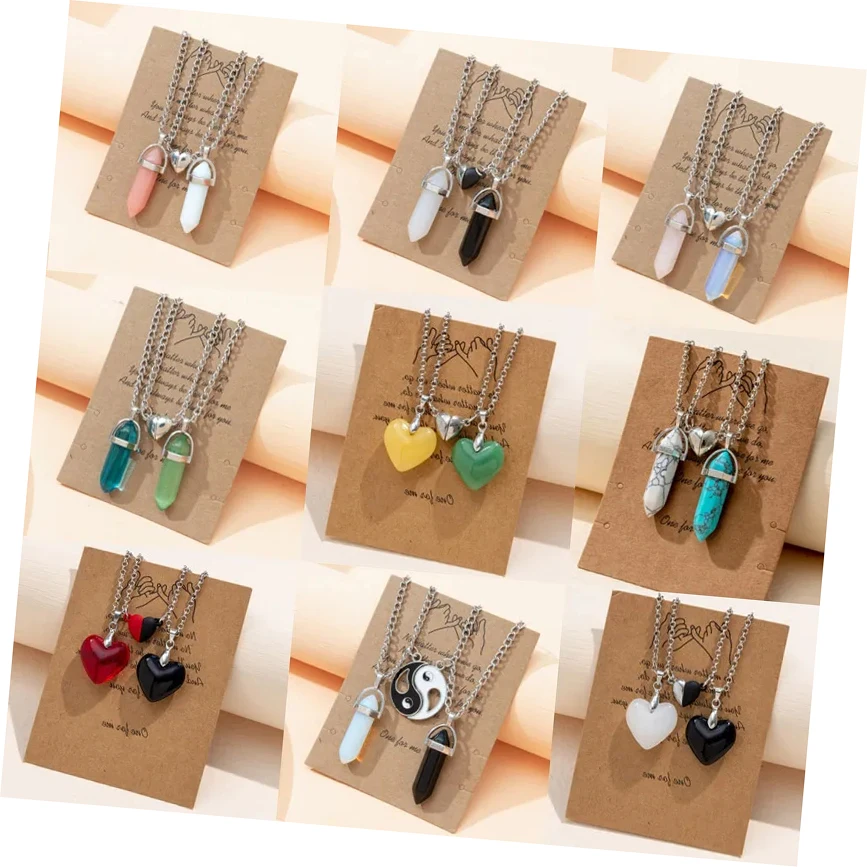 

2pcs Crystal Stone Pendant Necklace Set Couple Natural Stone Magnetic Necklace Heart Clavicle Chain Valentine's Day Gift