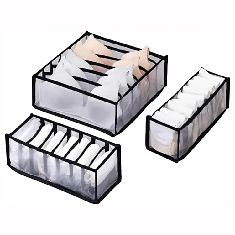

Black Underwear Sock Mesh Drawer Organizer Storage Boxes Set, Customized color