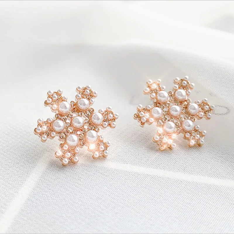 

18k Rose Gold Plated Cubic Zirconia Snowflake Earrings High Quality Korean Stud Cheap Flower Earrings Wholesale